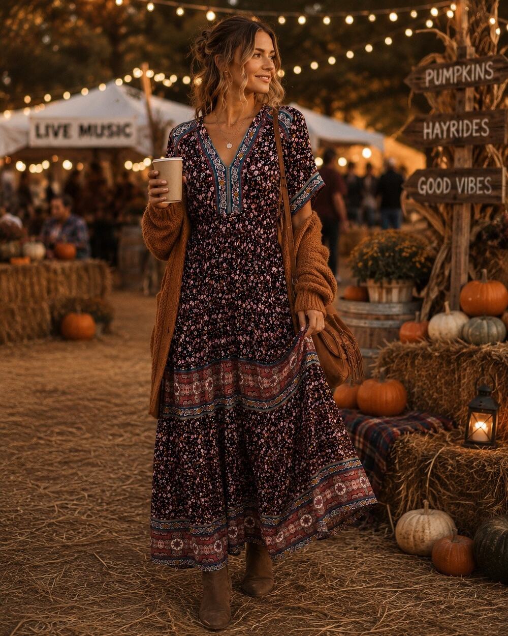 Knox Rose Boho Floral Midi Dress in Black and Burgundy